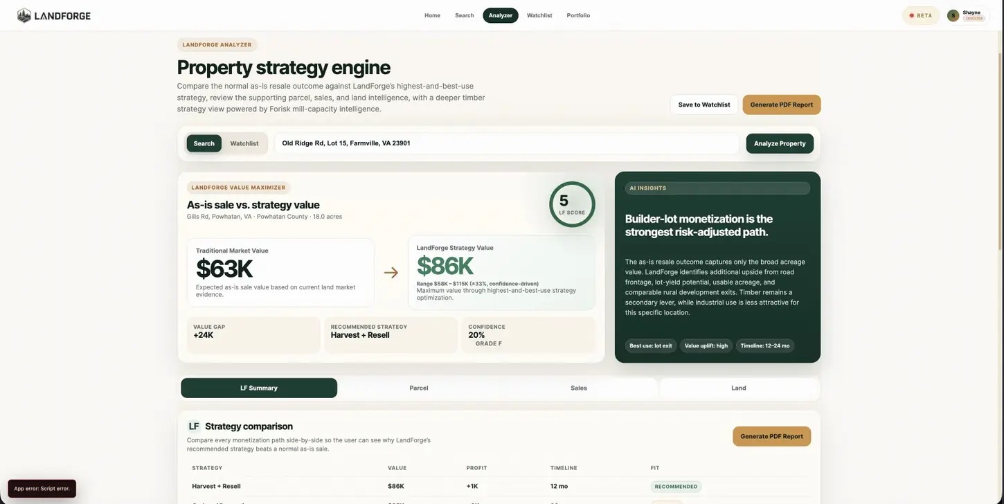 LandForge analyzer and AI strategy view